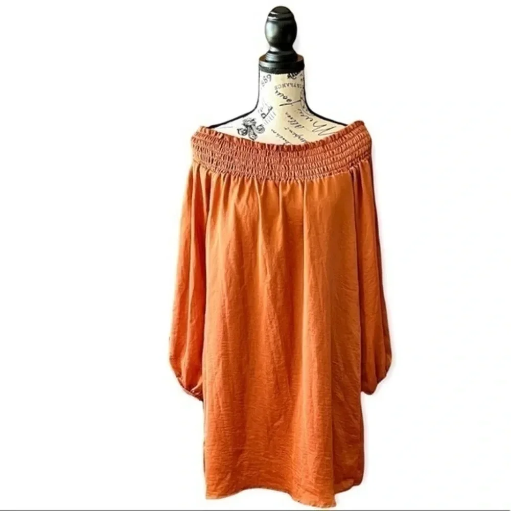Nasty Gal Rust Orange Off Shoulder Mini Dress Long Sleeve Smocked Boho S Festive - Picture 2 of 11